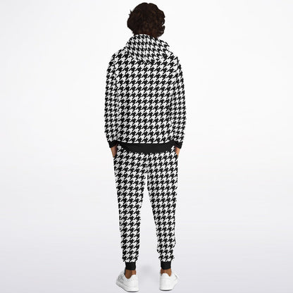Houndstooth Hoodie Jogger Sweatsuit Set, Black White Lounge Hooded Sweatshirt Sweatpants Women Men Cotton Matching Plus Size Sweats