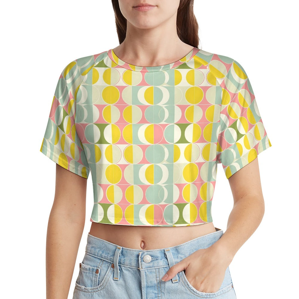 Mid Century Modern Crop Top Tshirt, Yellow Geometric Belly Tee Women Ladies Adult Cute Aesthetic Graphic Crewneck Festival Y2K Cropped Shirt