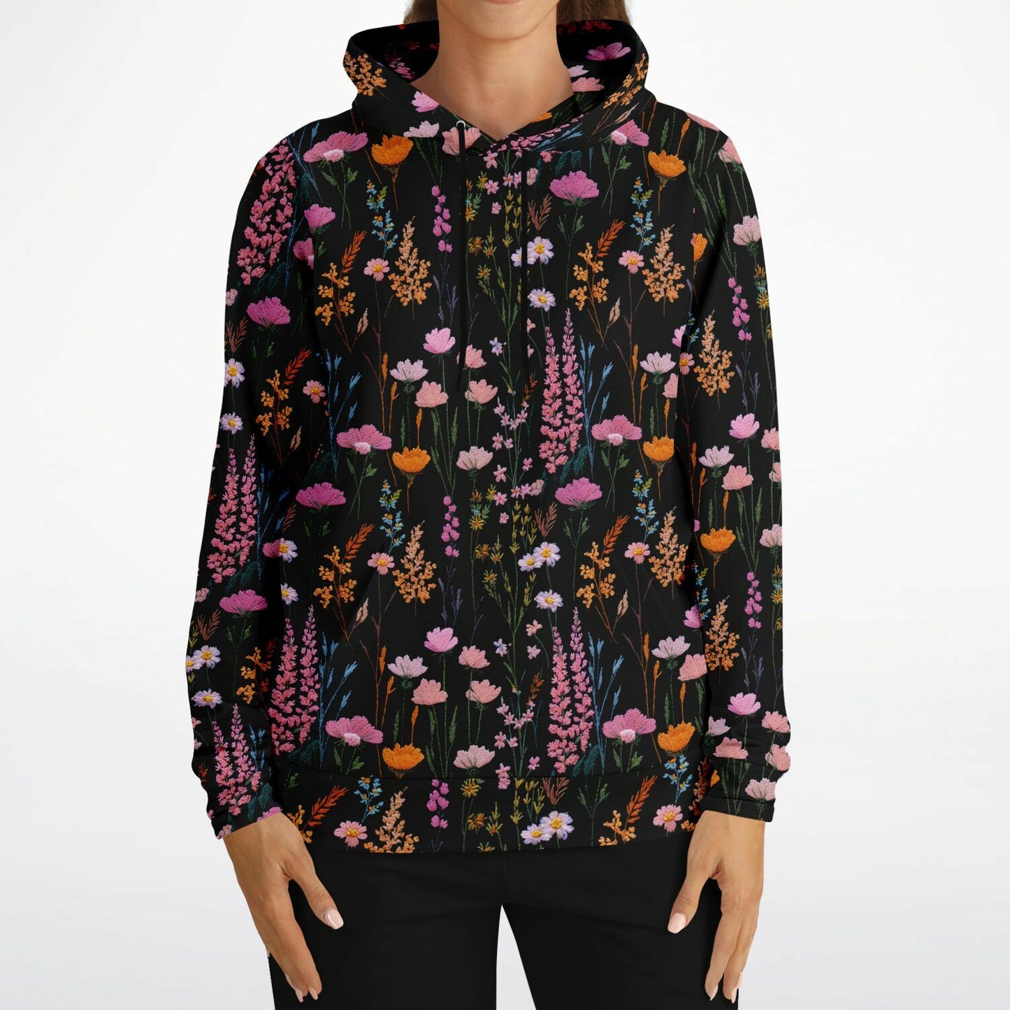Pink Floral Hoodie, Faux Embroidery Flowers Pullover Women Men Adult Aesthetic Graphic Cotton Hooded Sweatshirt Pockets Designer Plus Size