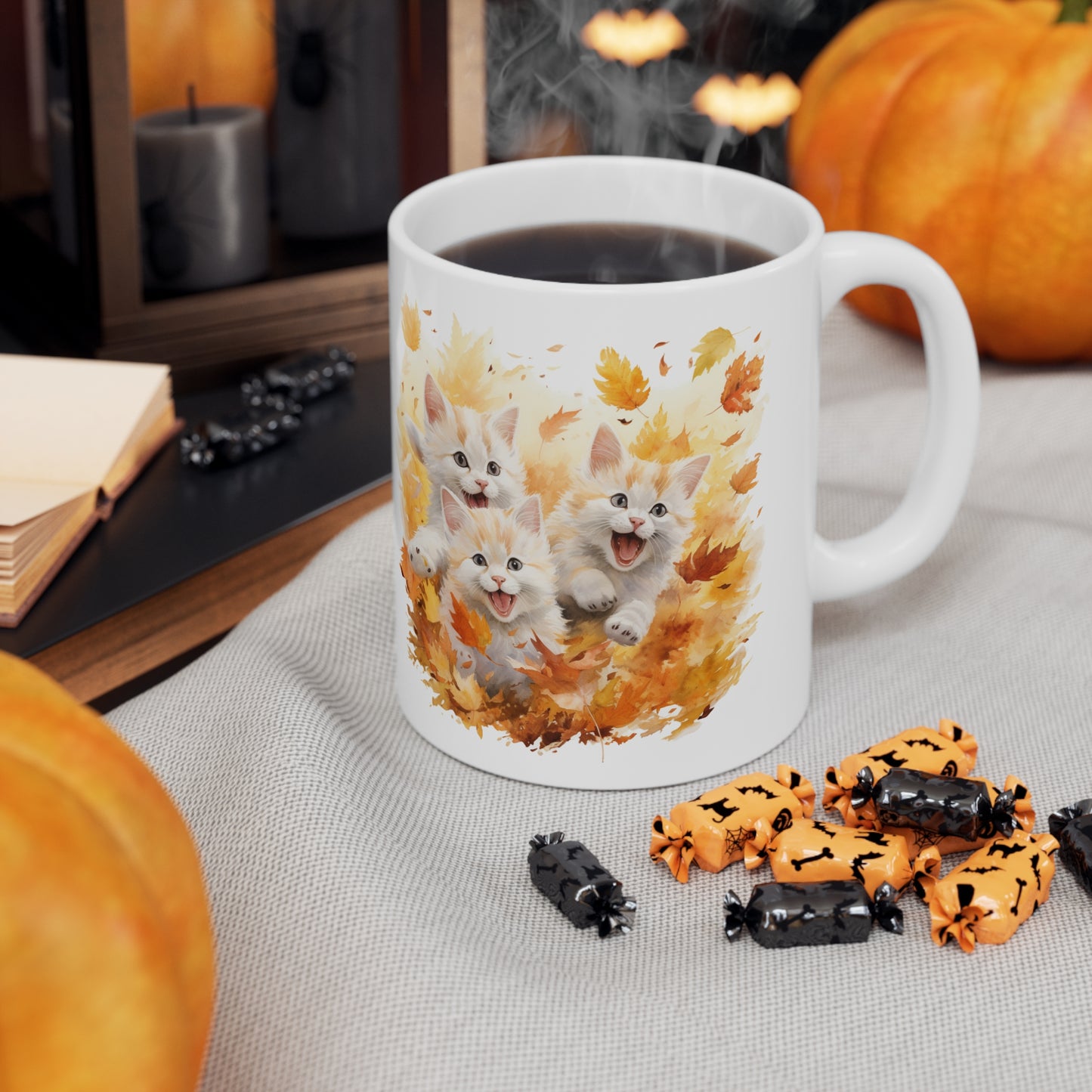 Cats Playing Fall Coffee Mug, Autumn Leaves Kittens Funny Thanksgiving Cute Art Ceramic Cup Tea Hot Chocolate Unique Cool Novelty