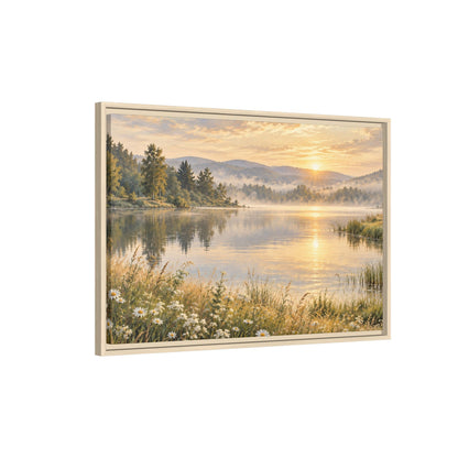 Misty Meadow Lake Wood Framed Canvas, Wildflower Farmhouse Wall Art Print Artwork Decor Small Large Hanging Matte Landscape Square Poster