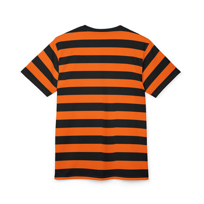 Orange Black Striped Tshirt, Stripe Designer Graphic Aesthetic Lightweight Heavyweight Crewneck Men Women Tee Top Short Sleeve Shirt