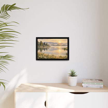 Misty Meadow Lake Wood Framed Canvas, Wildflower Farmhouse Wall Art Print Artwork Decor Small Large Hanging Matte Landscape Square Poster