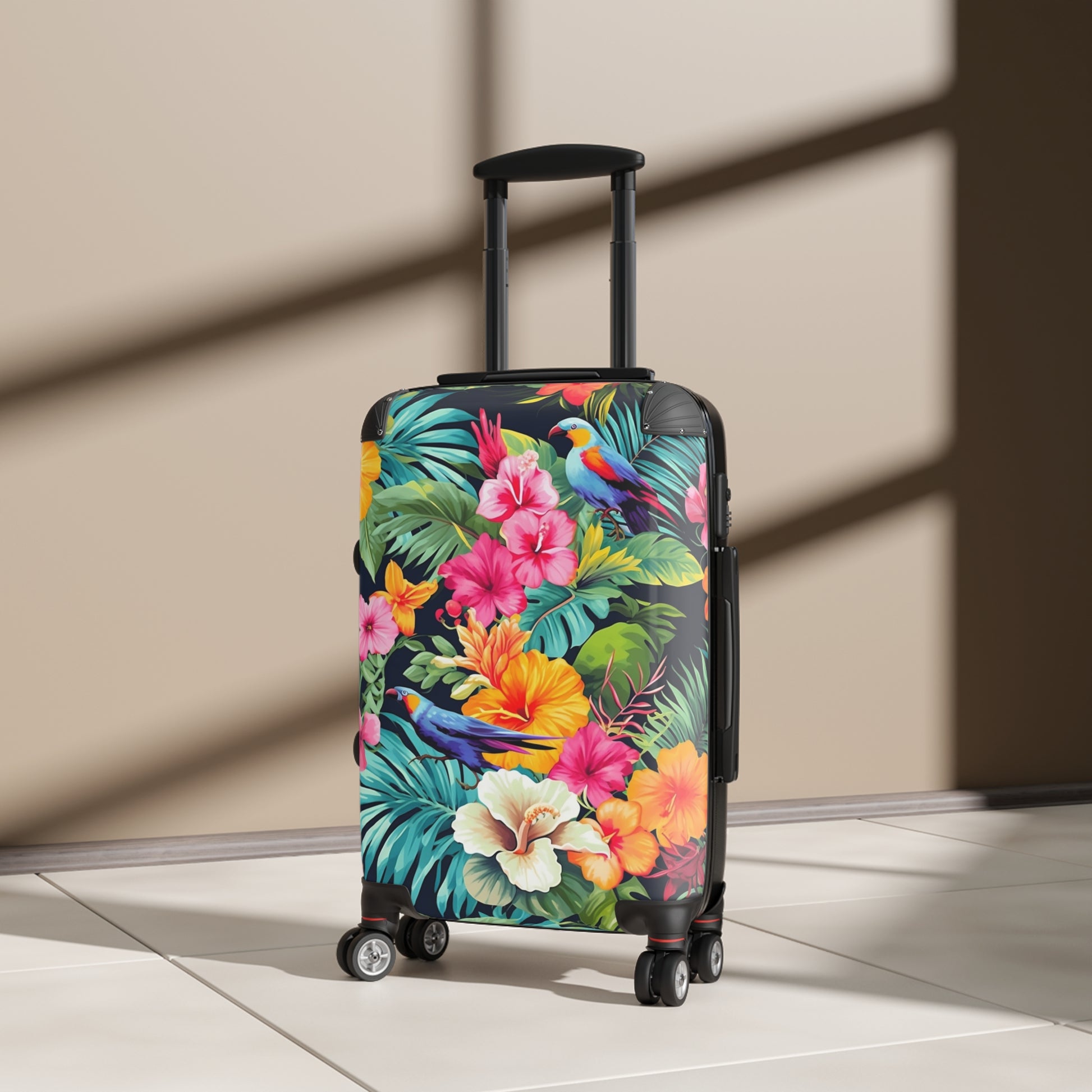 Tropical Flowers Suitcase Luggage, Pink Birds Parrot Carry On 4 Wheels Cabin Travel Small Large Set Rolling Spinner Designer Hard Shell Case - Starcove Fashion