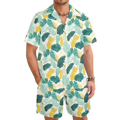 Tropical Leaf Shirt Shorts Outfit Set Men, Plants Banana Palm Tree Green Beach Sea Hawaiian Beach Male Guys Short Sleeve Button Up Down Luau