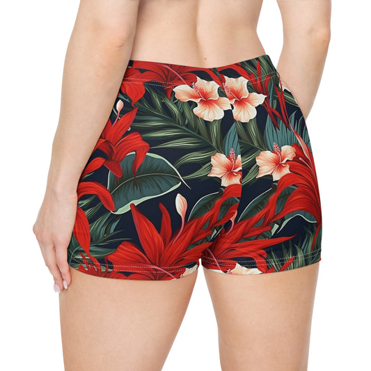 Tropical Floral Women Shorts, Red Flowers Yoga Biker Sport Workout Gym Festival Running Moisture Wicking Ladies Spandex Bottoms Activewear