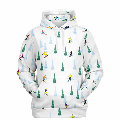 Ski Hoodie, Snowboard Skiing Print Winter Snow White Sport Pullover Men Women Adult Aesthetic Graphic Cotton Hooded Sweatshirt with Pockets