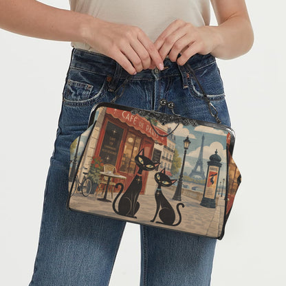 Mid Century Modern Cats Kiss Lock Purse Handbag, Paris Dark Print Vegan Leather Vintage Designer Shoulder Crossbody Top Handle Clasp Bag