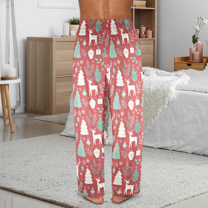 Red Christmas Men Pajamas Pants, Reindeer Green Festive Holidays Decoration Xmas PJ Pockets Sleep Trousers Couples Matching Trouser Bottoms