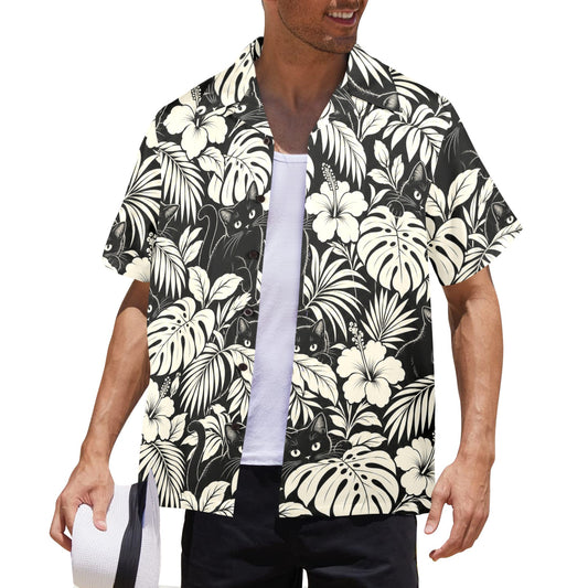 Black Cat Hawaiian Men Shirt, Peeking Black White Kitten Hibiscus Floral Beach Vintage Aloha Hawaii Tropical Plus Size Guys Button Down