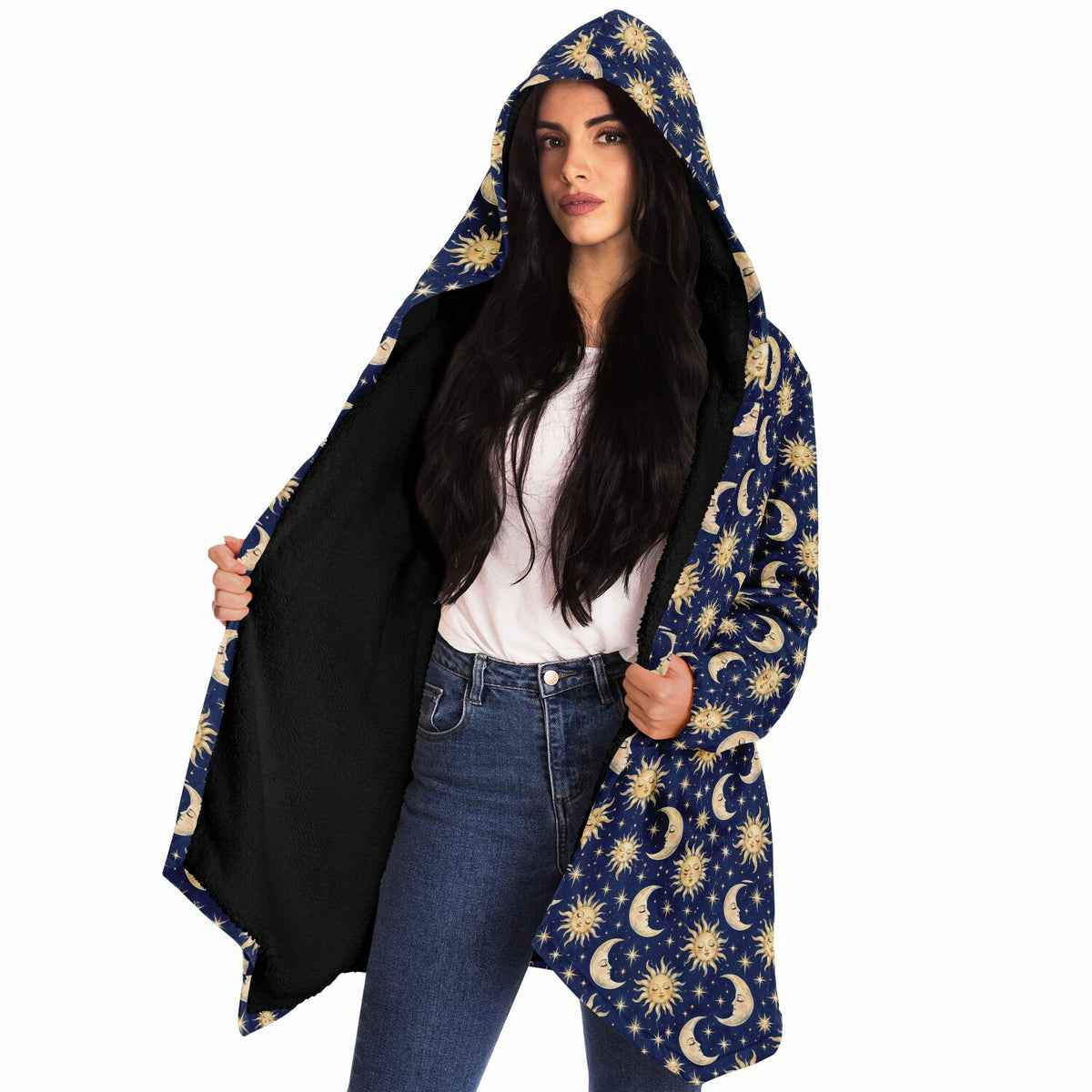 Sun Moon Hooded Cloak, Blue Navy Celestial Cosmic Space Coat Men Women Ladies Winter Warm Mink Fleece Blanket Robe Wearable Cape Pockets
