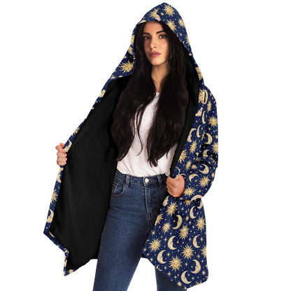 Sun Moon Hooded Cloak, Blue Navy Celestial Cosmic Space Coat Men Women Ladies Winter Warm Mink Fleece Blanket Robe Wearable Cape Pockets