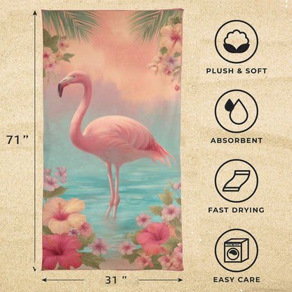 Pink Flamingo Oversized Beach Towel, Floral Ocean Sea Tropical Pool Microfiber Extra Large Swim Quick Dry Surf Designer Men Women XL Cotton