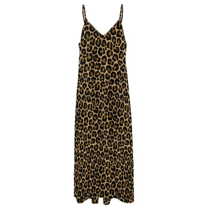 Leopard Print Maxi Dress, Brown Animal Cheetah Long Spaghetti Straps Flowy Women Sleeveless Casual Cute Designer Plus Size Cocktail Party