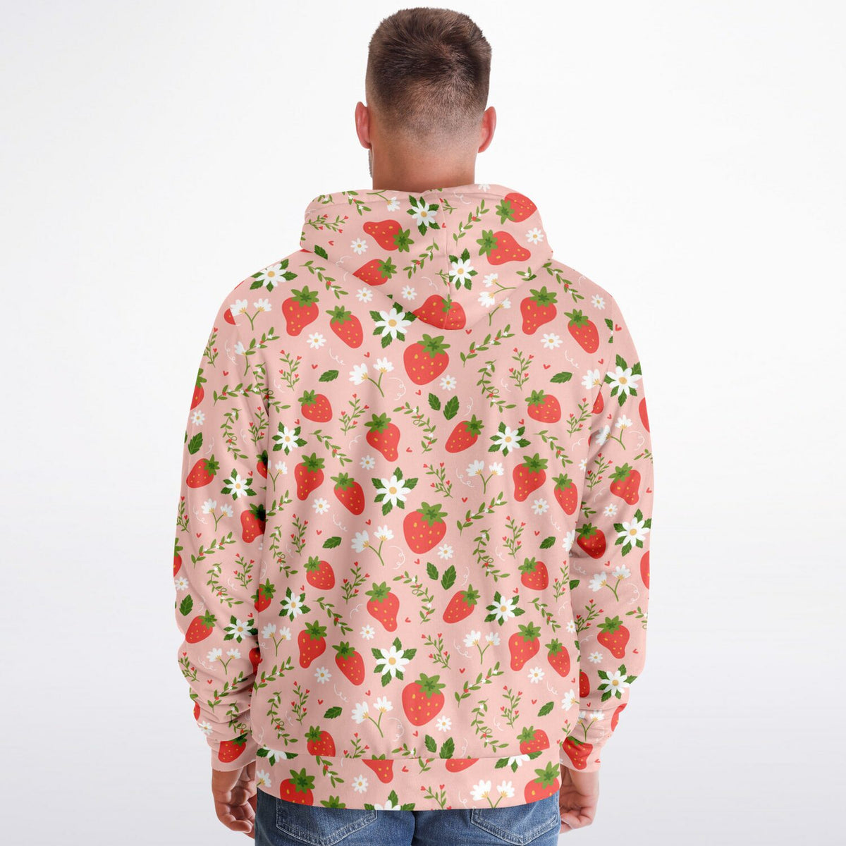 Strawberry Zip Up Fleece Lined Hoodie, Pink Floral Flowers Sherpa Heavyweight Full Zipper Men Women Unisex Graphic Hooded Sweatshirt Jacket