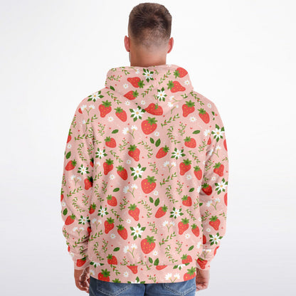 Strawberry Zip Up Fleece Lined Hoodie, Pink Floral Flowers Sherpa Heavyweight Full Zipper Men Women Unisex Graphic Hooded Sweatshirt Jacket