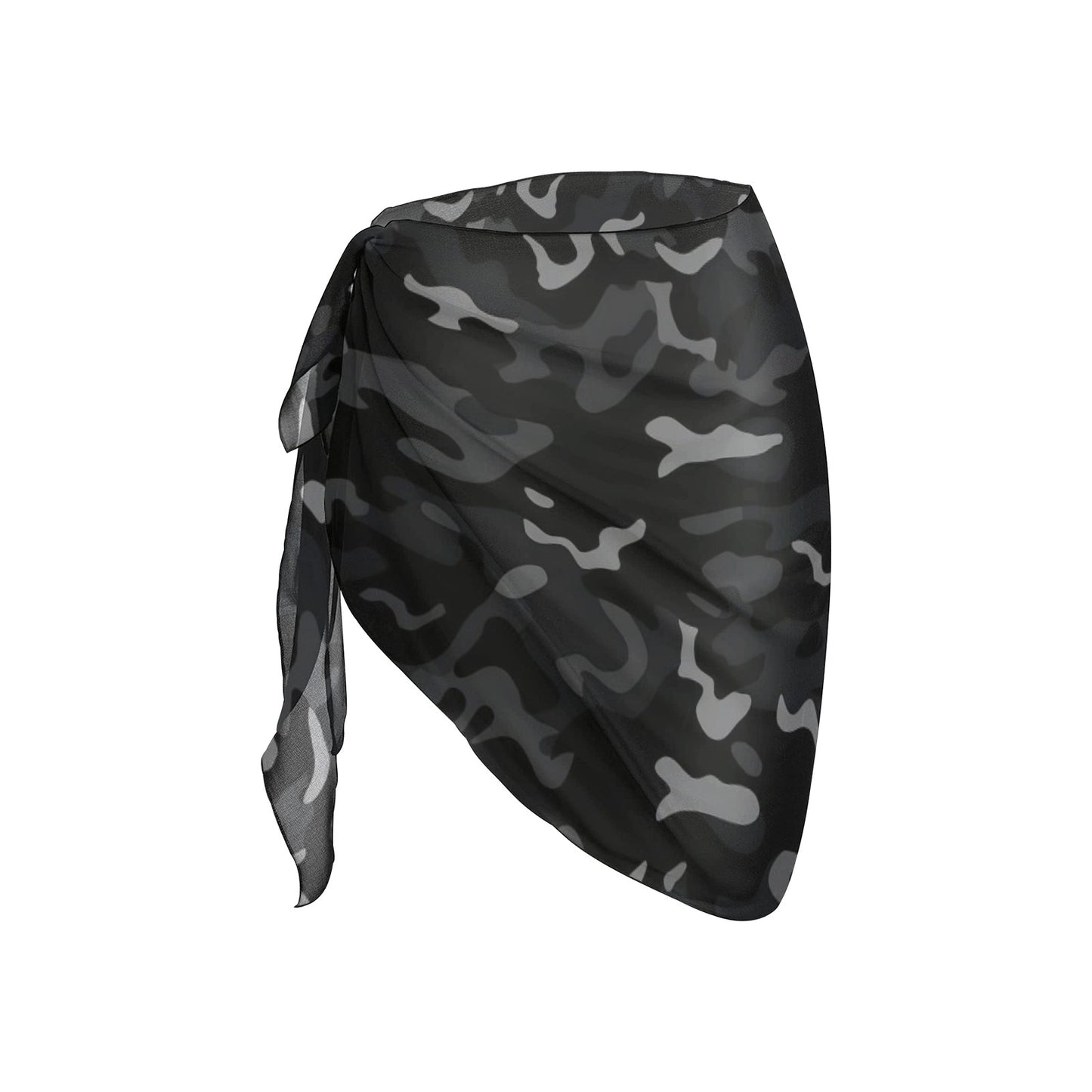 Black Camo Sarong Wrap Skirt, Grey Camouflage Print Women Bikini Bottom Cover Up Beach Front Sexy Coverup Swimwear Side Tie Short Mini Swim