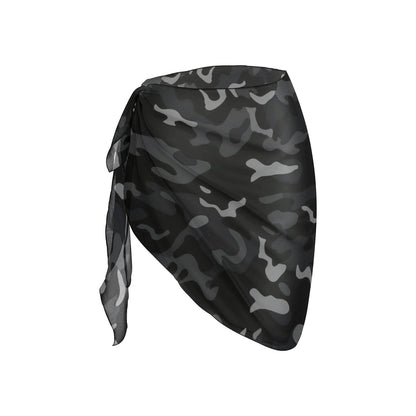 Black Camo Sarong Wrap Skirt, Grey Camouflage Print Women Bikini Bottom Cover Up Beach Front Sexy Coverup Swimwear Side Tie Short Mini Swim