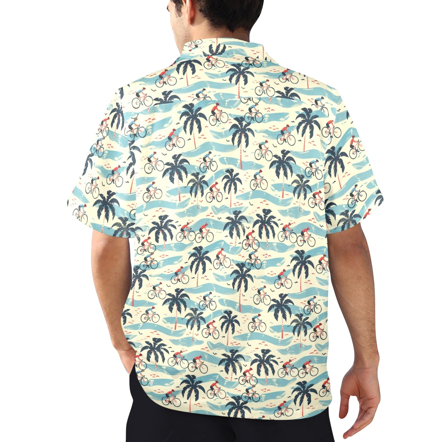 Cycling Men Hawaiian shirt, Biking Bicycle Palm Trees Beach Blue Cream Vintage Aloha Hawaii Retro Tropical Plus Size Pocket Guys Button Down