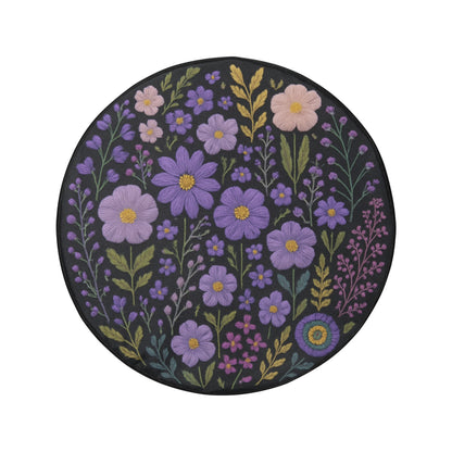 Purple Flowers Spare Tire Cover, Lilac Lavender Floral Faux Embroidery Print Floral Wheel Auto Car Backup Camera Hole Trailer Back Women RV