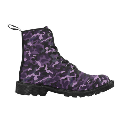 Black Purple Camo Women Canvas Boots, Camouflage Ladies Lace Up Vegan Shoes Festival Print  Ankle Combat Winter Casual Work Hiking