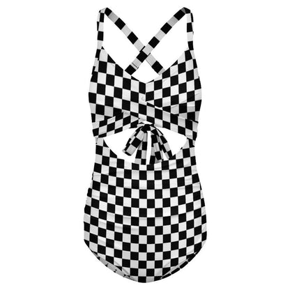 Checkered One Piece Swimsuit Women, Black White Check Racing Retro Party Cut Out Tummy Control Designer Swim 1 Swimming Bathing Suits Ladies