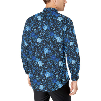 Black Blue Floral Long Sleeve Men Button Up Shirt, Rose Flowers Print Casual Buttoned Collared Designer Dress Shirt Chest Pocket Male