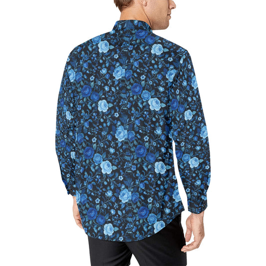 Black Blue Floral Long Sleeve Men Button Up Shirt, Rose Flowers Print Casual Buttoned Collared Designer Dress Shirt Chest Pocket Male
