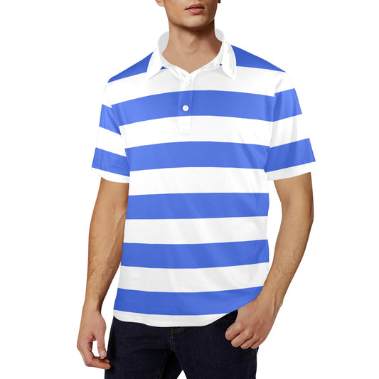 Royal Blue White Striped Men Polo Shirt, Wide Stripes Vintage Short Sleeve Classic Collared Button Down Up Rugby Male Collar Golf Polo