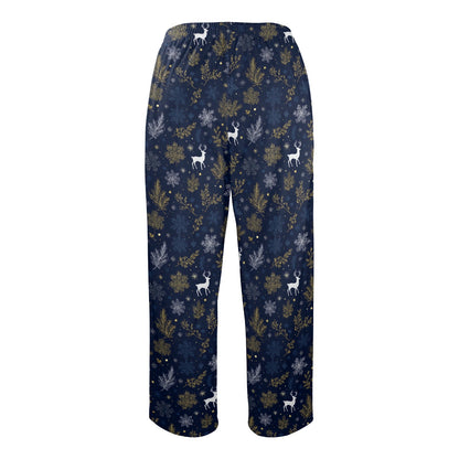 Navy Blue Christmas Men Pajamas Pants, Reindeer Snowflakes Festive Trees Xmas PJ Pockets Sleep Lounge Trousers Guys Male Sleepwear Bottoms