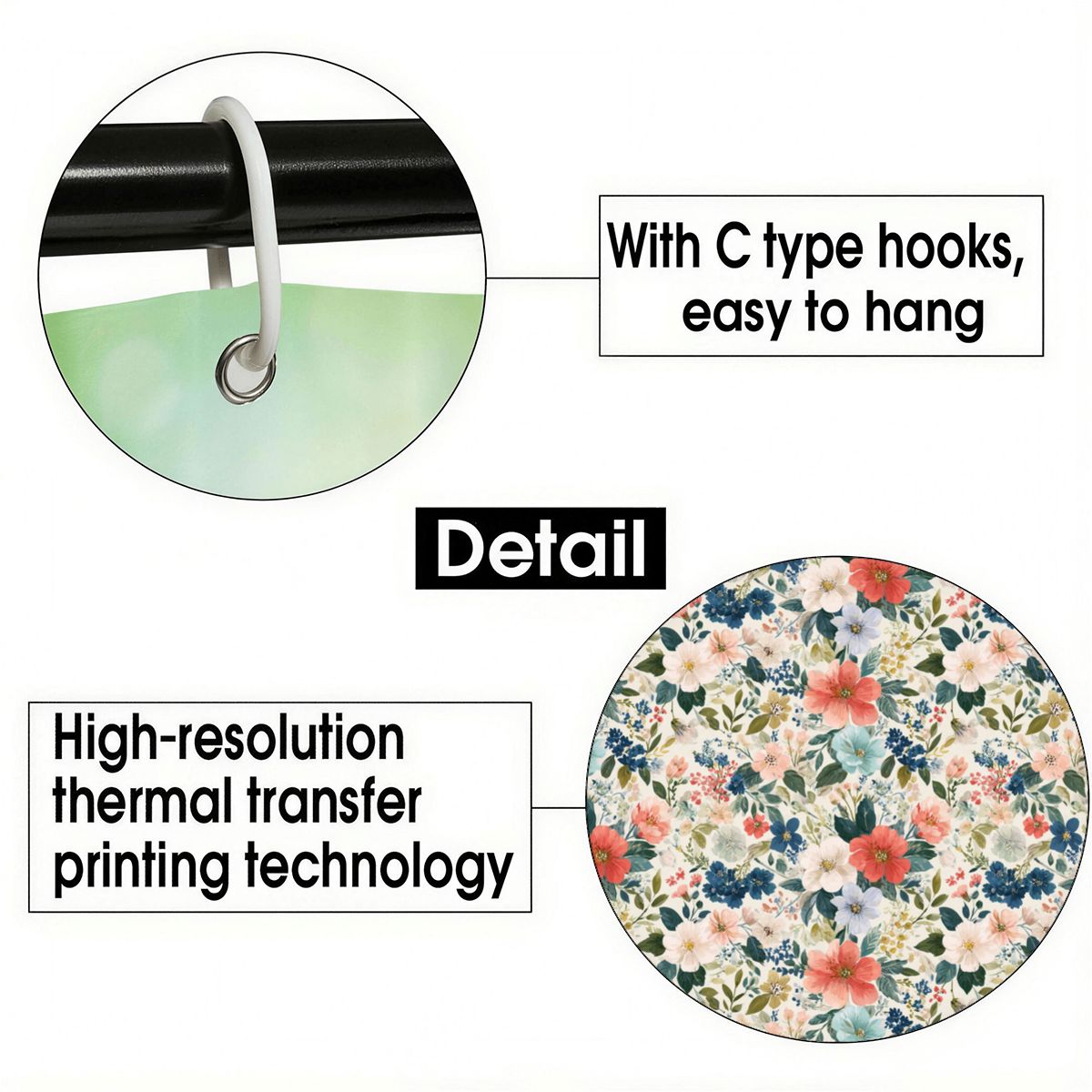 Boho Flowers Shower Curtain with Hooks Rings, Floral Blooms Fabric Waterproof Unique Bath Bathroom Decor Cool Housewarming Home Gift