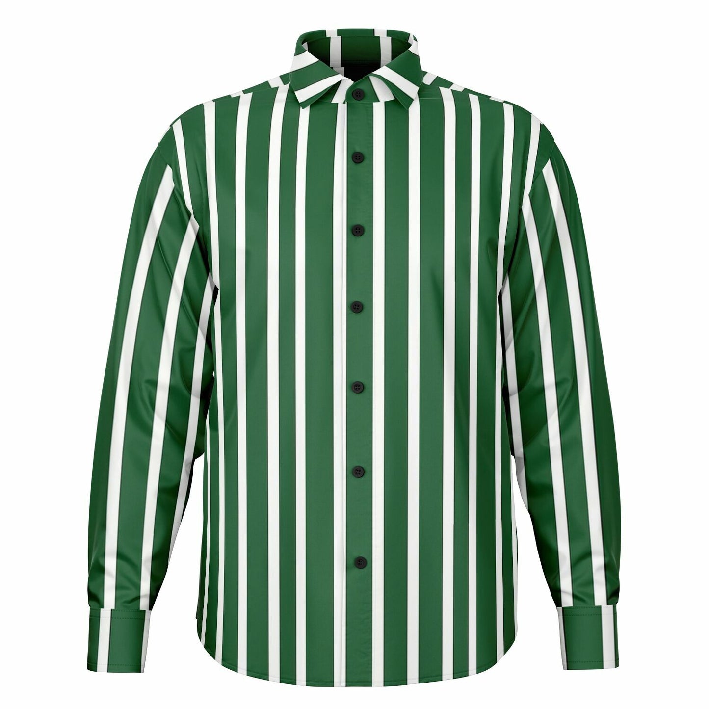 Green White Striped Long Sleeve Men Button Up Shirt, Vertical Stripes Guys Male Print Buttoned Down Collared Graphic Casual Dress Plus Size