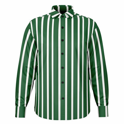 Green White Striped Long Sleeve Men Button Up Shirt, Vertical Stripes Guys Male Print Buttoned Down Collared Graphic Casual Dress Plus Size