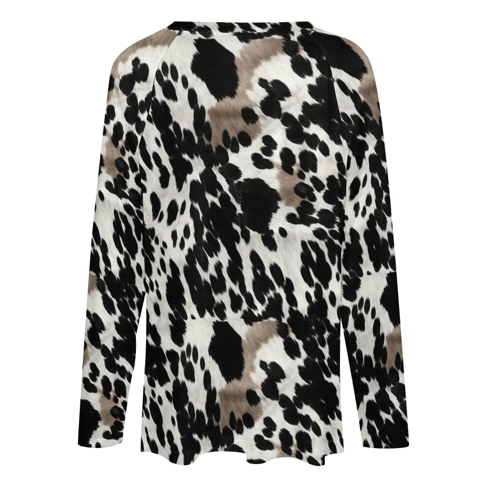 Cow Print Women Long Sleeve Tshirt loose fit, Black Brown Western Animal White Relaxed V-neck Graphic Aesthetic Ladies Female Tee Top Shirt - Starcove Fashion