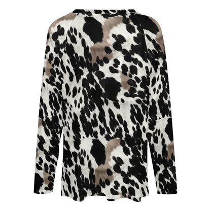 Cow Print Women Long Sleeve Tshirt loose fit, Black Brown Western Animal White Relaxed V-neck Graphic Aesthetic Ladies Female Tee Top Shirt - Starcove Fashion