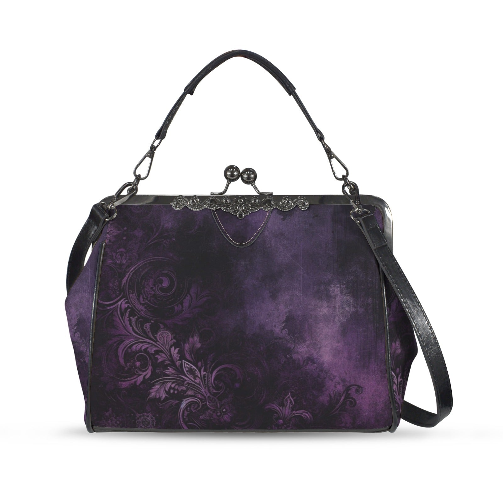 Purple Kiss Lock Purse Handbag, Pink Black Grunge Gothic Dark Print Vegan Leather Vintage Designer Shoulder Crossbody Top Handle Clasp Bag - Starcove Fashion