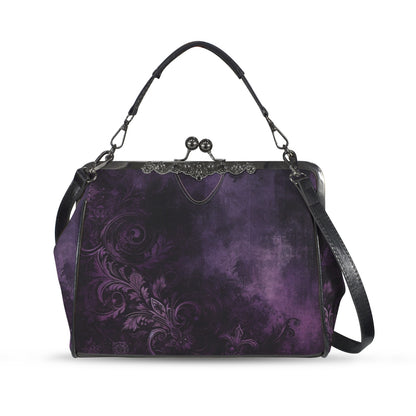 Purple Kiss Lock Purse Handbag, Pink Black Grunge Gothic Dark Print Vegan Leather Vintage Designer Shoulder Crossbody Top Handle Clasp Bag - Starcove Fashion