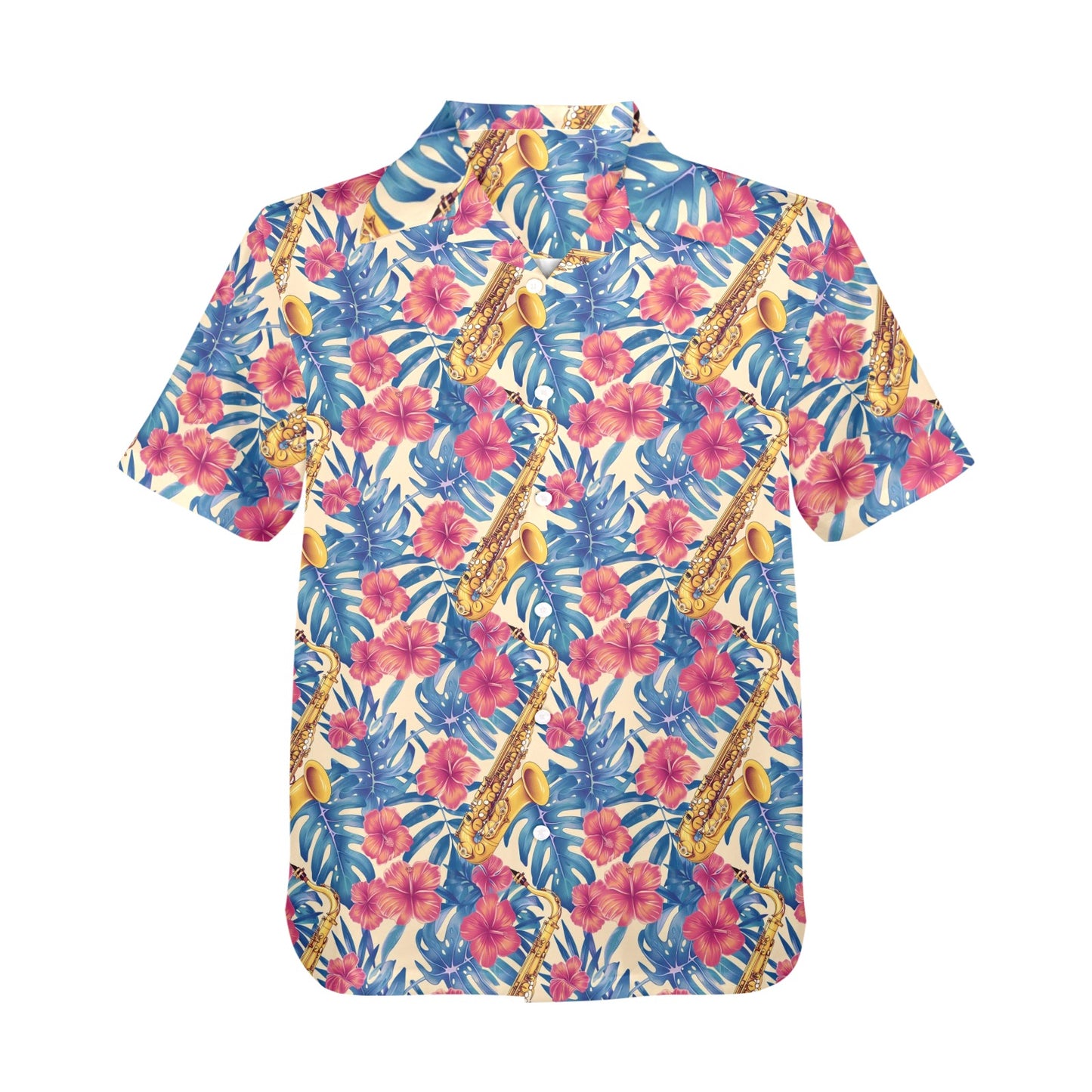 Saxophone Men Hawaiian shirt, Music Jazz Floral Flowers Beach Red Blue Vintage Aloha Hawaii Retro Tropical Plus Size Pocket Guys Button Down