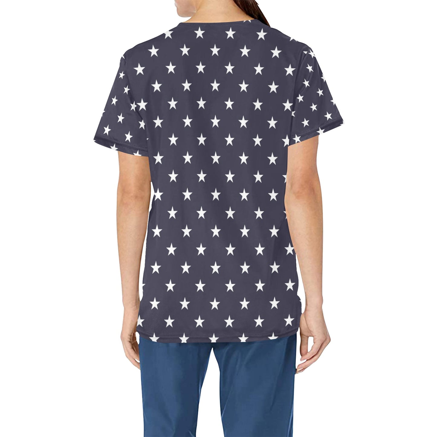 Navy Stars Medical Scrubs Top Women, American Ladies Female Plus Size Nursing Cute Printed Nurse Vet Veterinary Assistant Uniform Pockets - Starcove Fashion