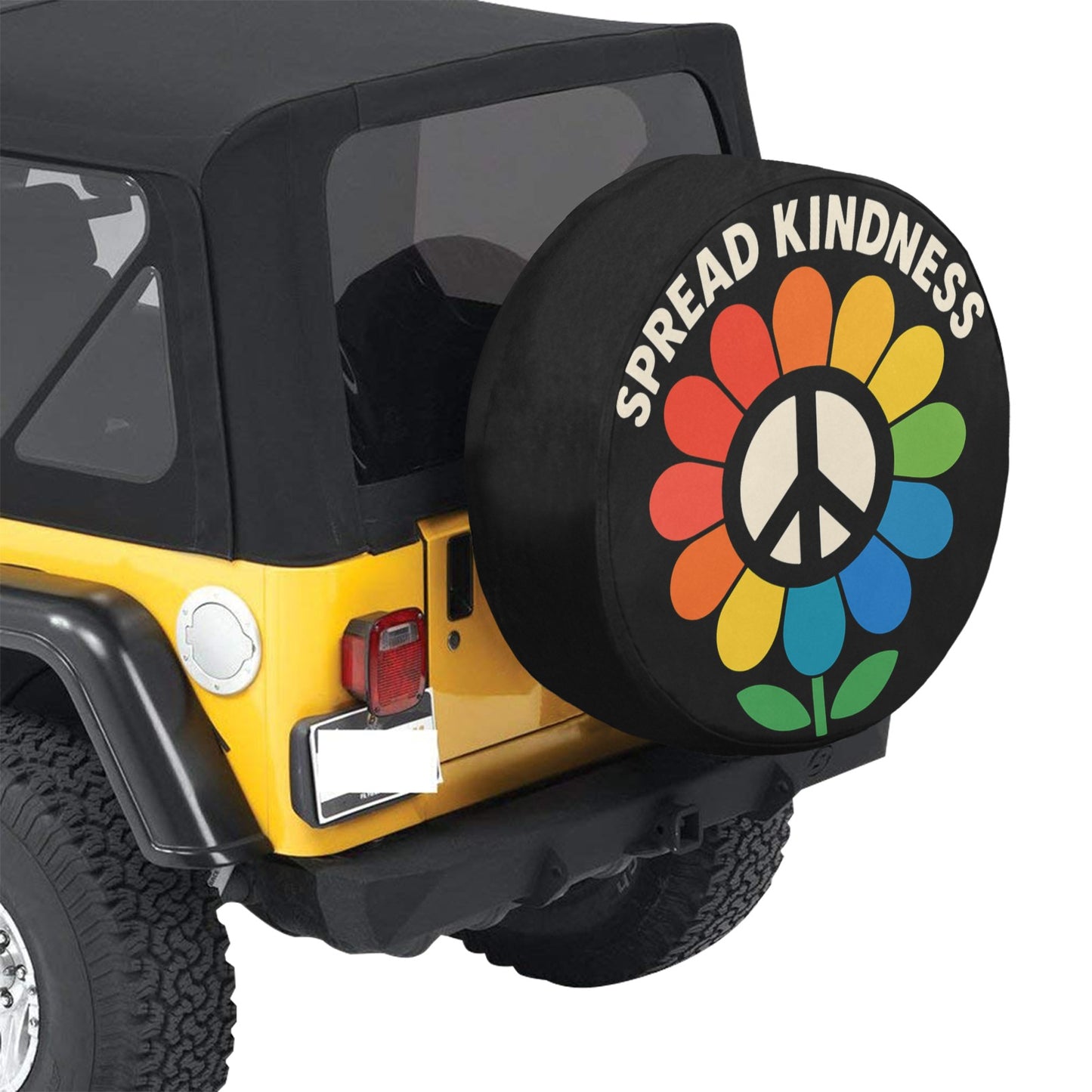 Kindness Spare Tire Cover, Peace Sign Kind 70s Flower Floral Power Hippie Black Wheel Auto Back Up Camera Hole Unique Women Spare RV Trailer