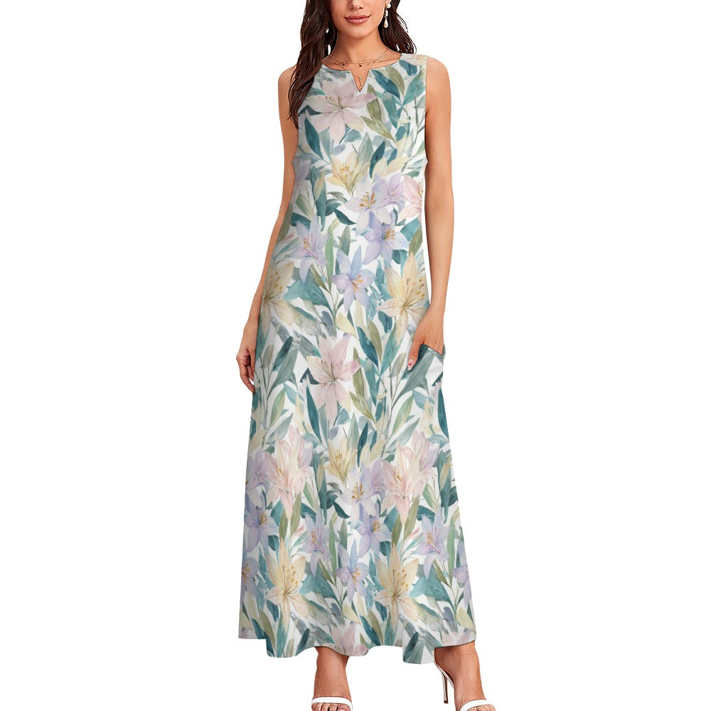 Pastel Floral Maxi Dress, Botanical Women Sleeveless Casual Cute Designer Elegant Plus Size Cocktail Party Summer A-Line Designer Pockets