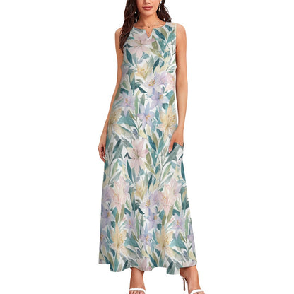 Pastel Floral Maxi Dress, Botanical Women Sleeveless Casual Cute Designer Elegant Plus Size Cocktail Party Summer A-Line Designer Pockets