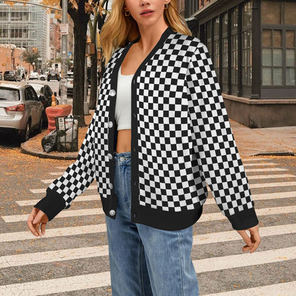 Checkered Cardigan Women, Black white Check Checkerboard Sweatshirt Sweater Long Sleeve Plus Size V Neck Lightweight Button Up Designer