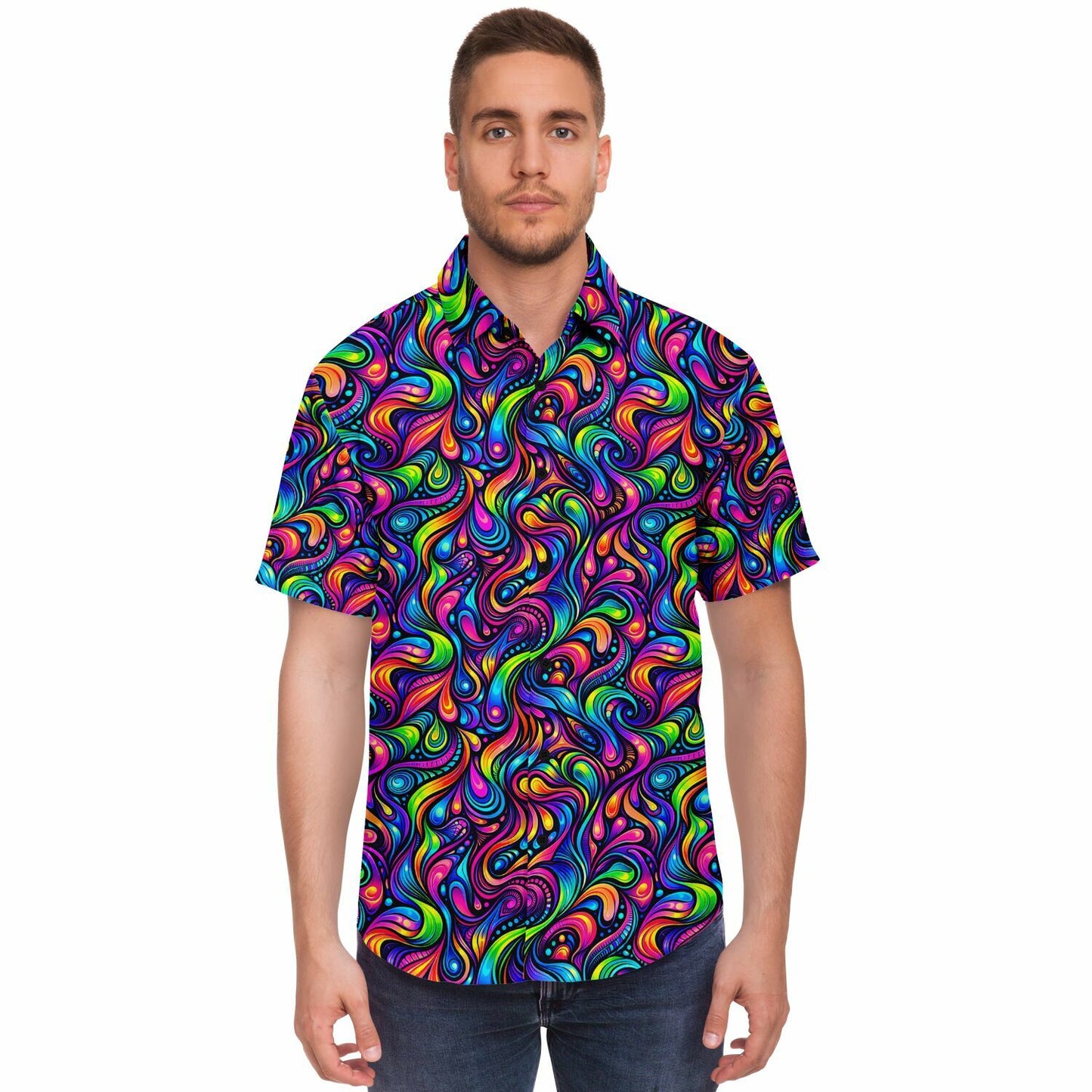 Psychedelic Men Button Up Shirt, Vibrant Trippy Funky Festival Short Sleeve Print Casual Buttoned Down Summer Male Guys Collared Designer - Starcove Fashion