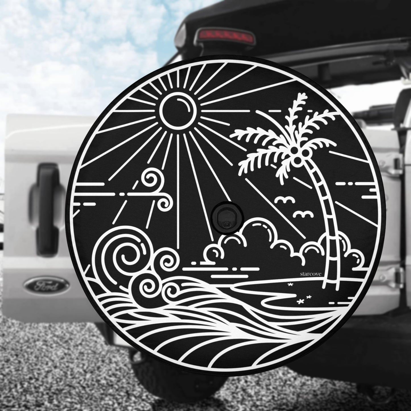 Beach Sun Spare Tire Cover, Palm Trees Backup Camera Hole Rear Wheel Car Accessories Surf Wave Unique Design Back Aesthetic Sunset