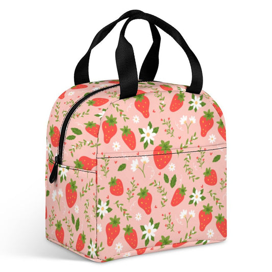 Strawberry Insulated Lunch Box Bag Tote, Pink Summer Fruit Floral Flowers Cute Food Container Adult Kids Women Teens Men School Work Handbag - Starcove Fashion