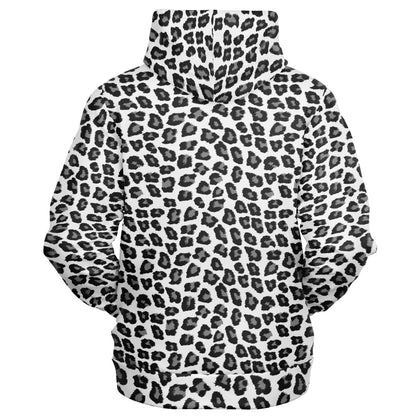 Snow Leopard Zip Up Hoodie, Black White Animal Print Full Zipper Pocket Men Women Unisex Adult Graphic Cotton Fleece Hooded Sweatshirt