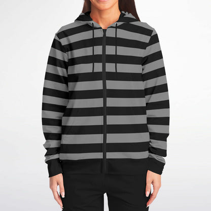 Black Grey Striped Zip Up Hoodie, Gray Stripes Full Zipper Pocket Men Women Unisex Adult Aesthetic Graphic Cotton Fleece Hooded Sweatshirt
