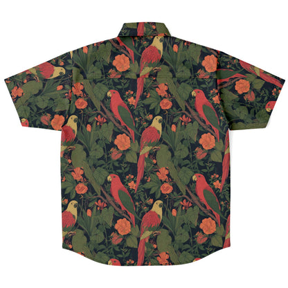 Parrot Men Button Up Shirt, Tropical Bird Plants Green Short Sleeve Print Casual Buttoned Down Summer Male Guys Collared Designer Dress