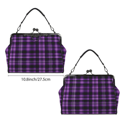 Purple Kiss Lock Purse Handbag, Plaid Tartan Print Vegan Leather Vintage Designer Shoulder Crossbody Top Handle Clasp Bag - Starcove Fashion
